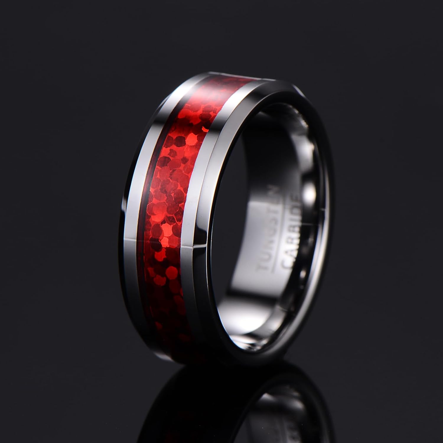 Tungsten Wedding Band with Colorful Inlay, 8mm Wide Beveled & Polished Edges