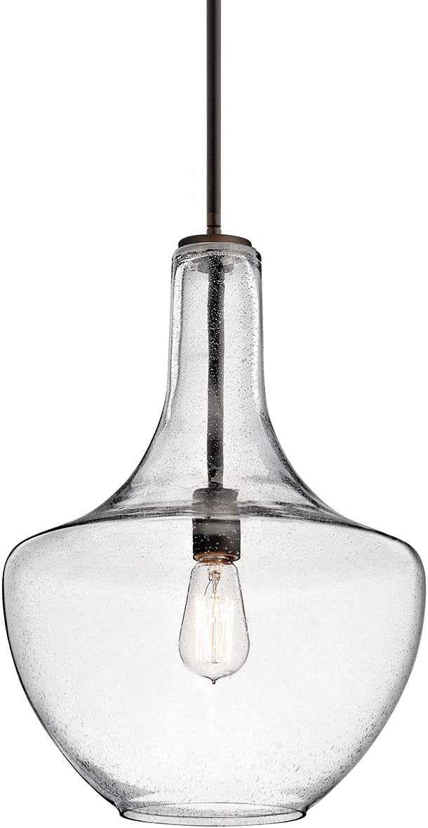 Kichler Everly 19.75" Kitchen Bell Pendant in Olde Bronze®, 1-Light Clear Seeded Glass Pendant Light, (19.75" H x 13.75" W), 42046OZCS