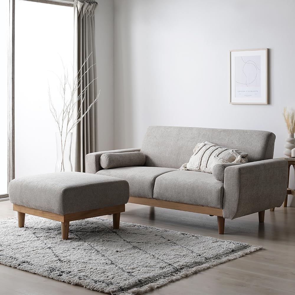 RASIK Sofa 2-Piece Set, 2.5 Person Sofa + Ottoman, Greige Cover, Machine Washable, Removable Legs, Robot Vacuum Compatible, Natural Wood ida Eida