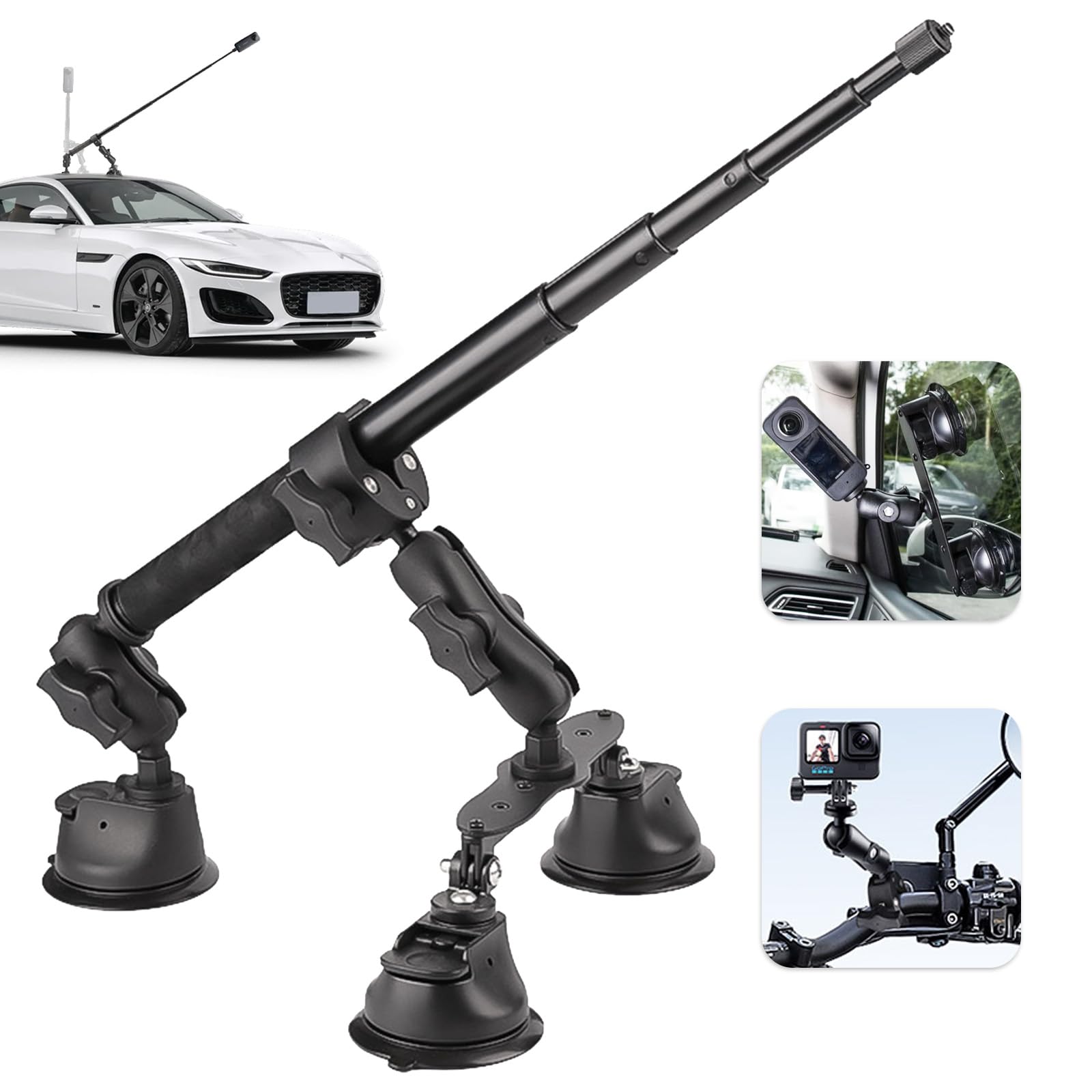 Set Di Supporto Per Auto Con Tripla Ventosa, Supporto Per Auto Con Tripla Ventosa E Morsetto Per Insta360 Gopro Akaso Action Camera Supporto Per Selfie Stick Retrattile Da 28-112 Cm Con Braccio Magico