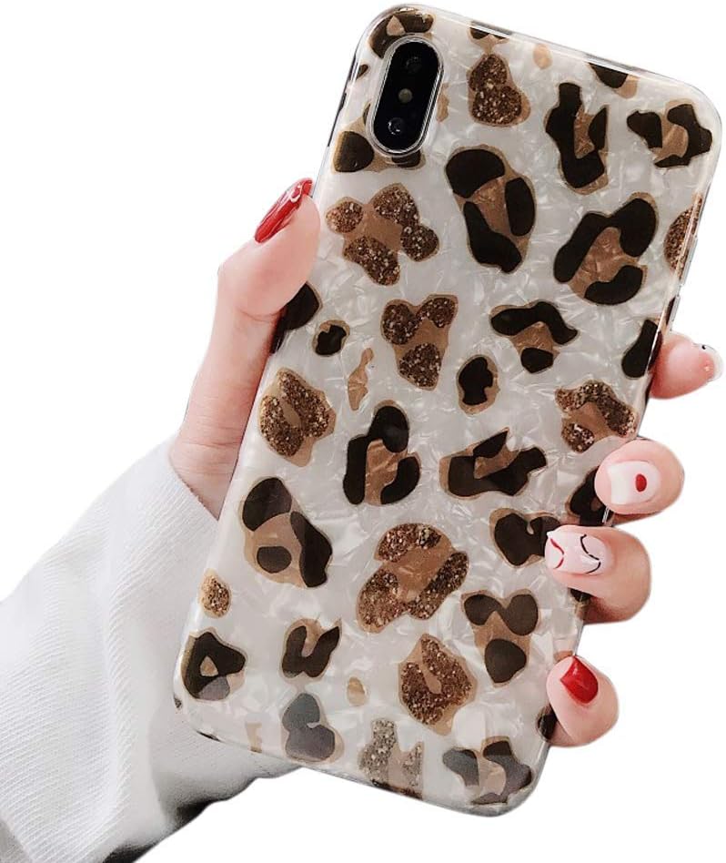 Dailylux Case for iPhone Xs (2018) / iPhone X (2017) 5.8-inch, Cute Phone Case Glitter Pearly-Lustre Slim Shell Protective Soft TPU Back Cover for Girls Women, Leopard White