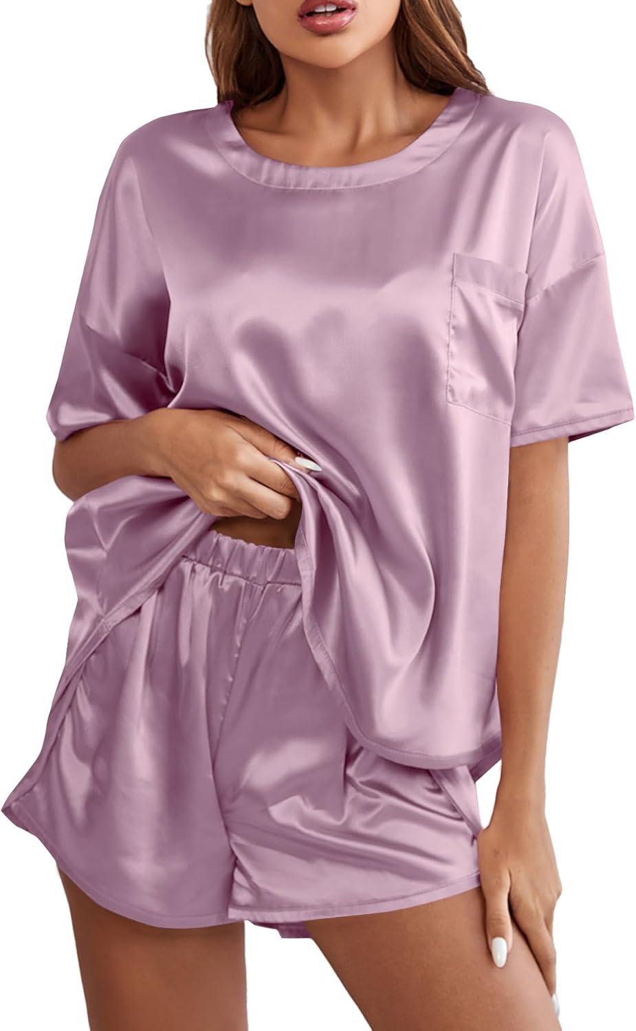 LYANER Women's Satin Silky Pajama Set Short Sleeve T-shirt With Shorts Set PJ Loungewear