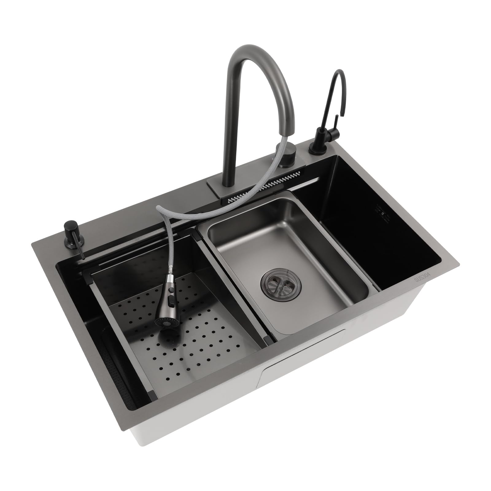 75x46x22cm Fregadero de Cocina,Fregadero de Cascada de acero inoxidable,con grifo extraíble de agua fría/caliente,escurridor,tabla de cortar,filtro de agua,Fregadero de un solo cuenco,Negro