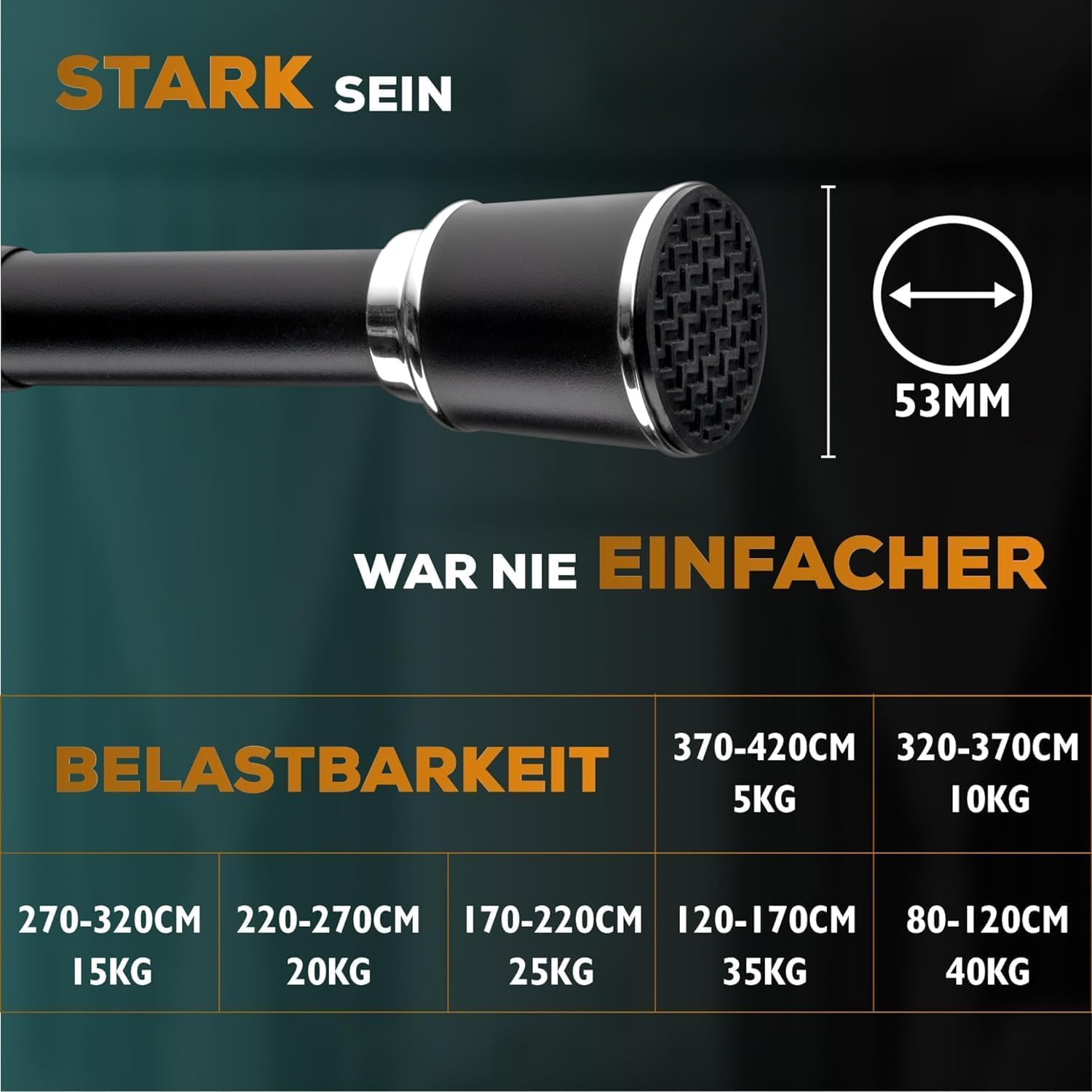MEISENBERG Klemmstange für Gardinen 370-420cm, Schwarz, Ø 32 mm, Vorhangstange ohne Bohren - Gardinenstange zum Klemmen - Spannstange für Vorhänge, Dusche, Türöffnungen und Kleiderschrank
