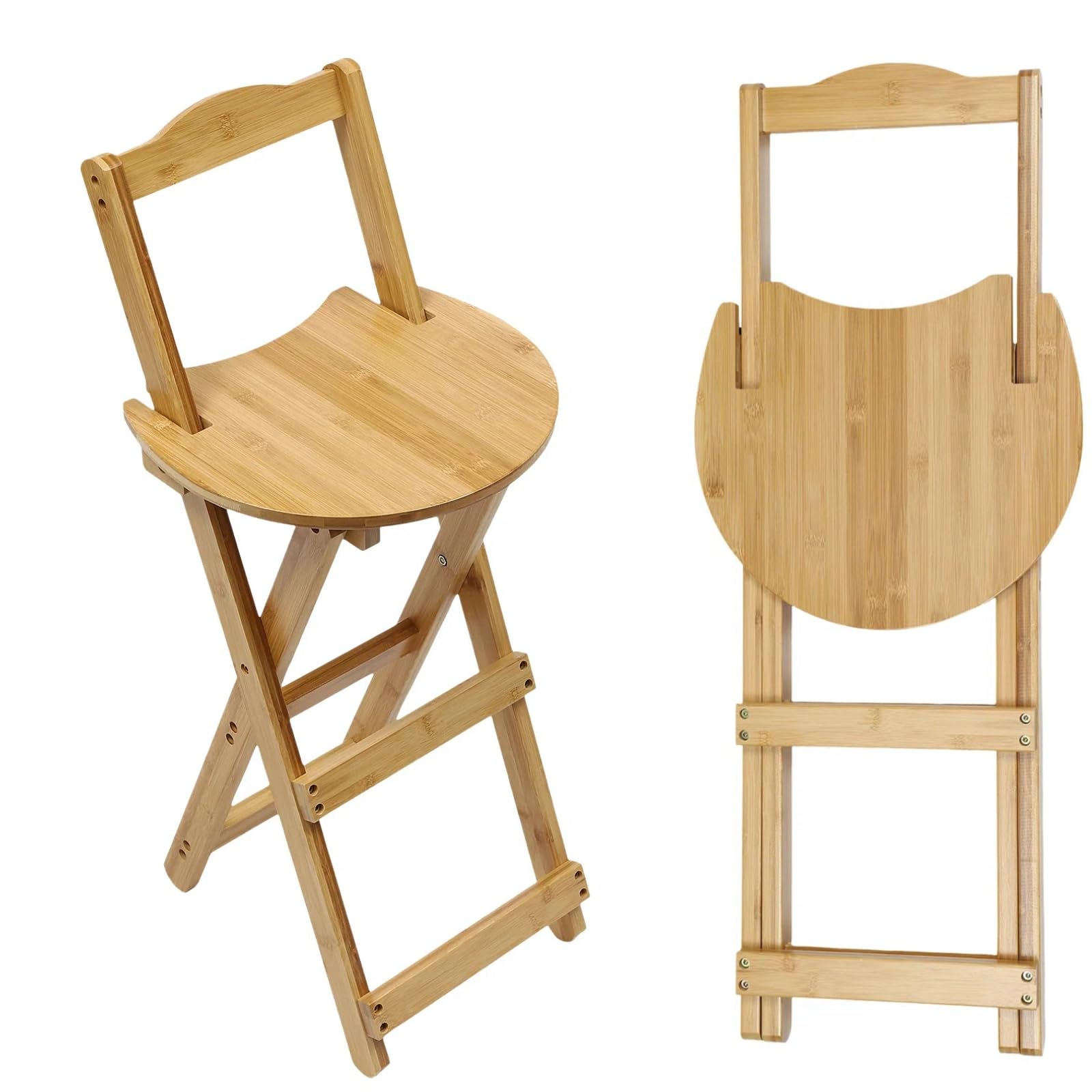 Folding Bamboo Bar Stool Kitchen Counter Height Stool Portable Bar Chairs with Backrest and Footrest for Home, Kitchen Island, Breakfast, No Assembly