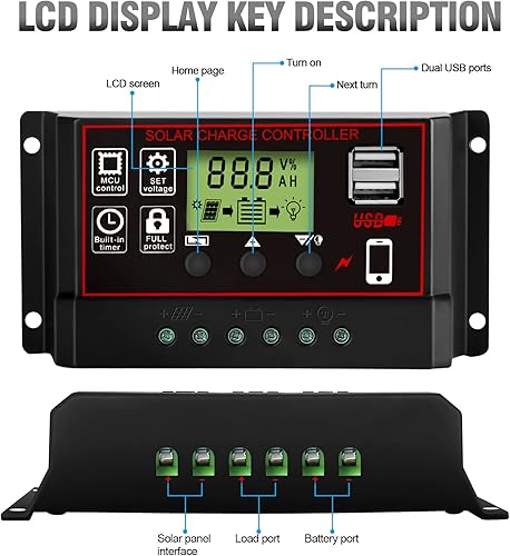 Miniatura 3 de WERCHTAY Controlador de carga solar de 60 A de 12 V24 V PWM controlador de carga de panel solar regulador inteligente con pantalla de puerto USB