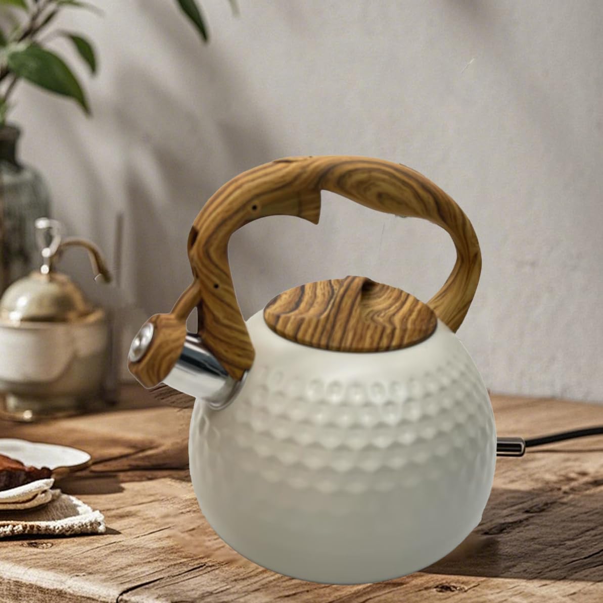 Bollitore retrò in acciaio inox, 3 l, color crema, con manico in legno, Herdarte