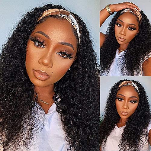 Image of WENYAN Deep Wave Headband Wig Human Hair 20 Inch Curly Glueless Wigs #1B