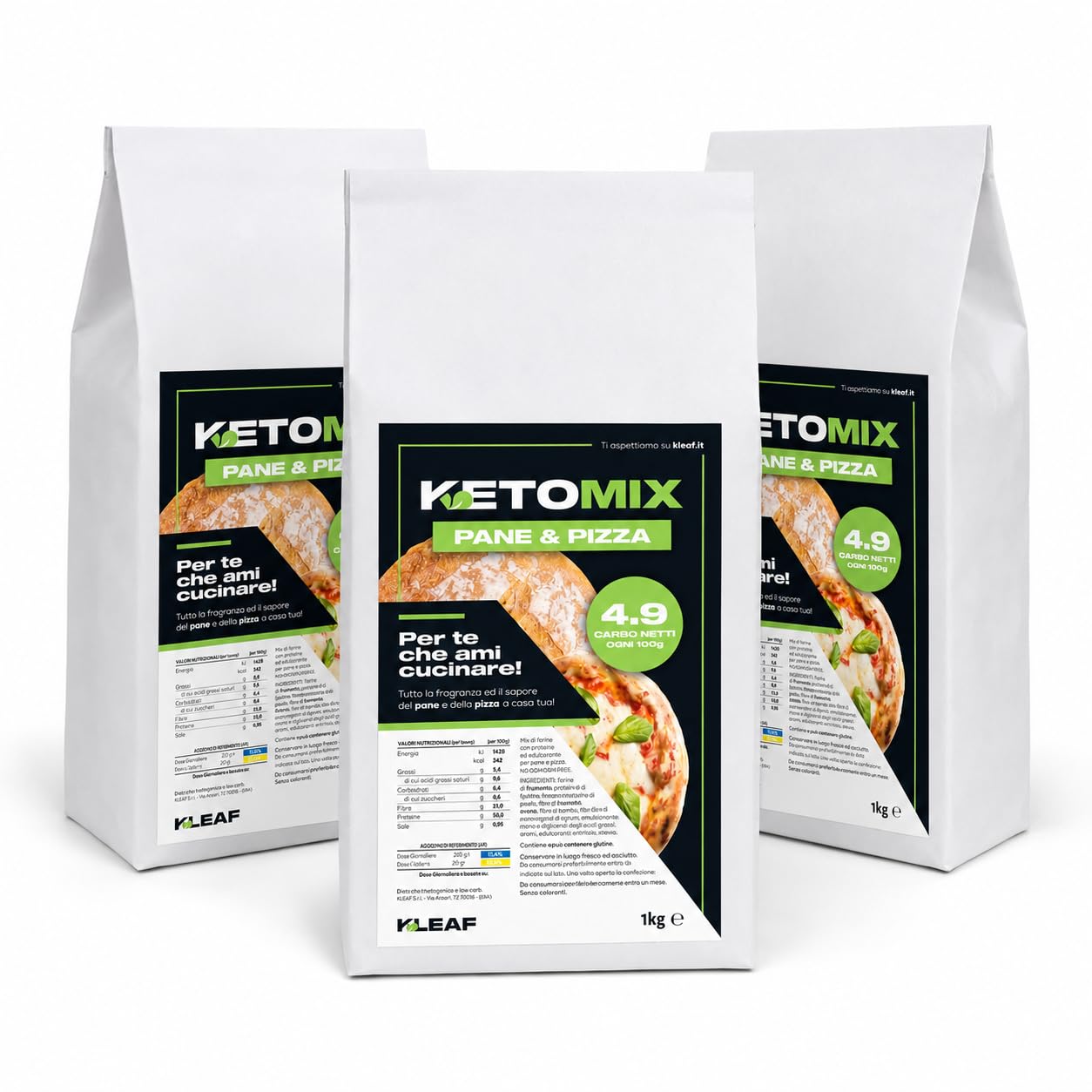 KLEAF KETOMIX Pane & Pizza – 3 x 1 kg Preparato Low Carb e Keto per Pane, Pizza, Focacce e Panificati – Solo 4,9 g Carboidrati Netti/100 g – Mix Chetogenico Made in Italy