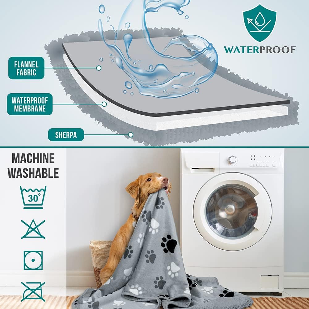 PetAmi Waterproof Dog Blanket for Medium Large Dogs, Pee Proof for Couch Bed, Reversible for Puppy Indoor Cat, Soft Fleece Washable, 40x60 Paw Gray