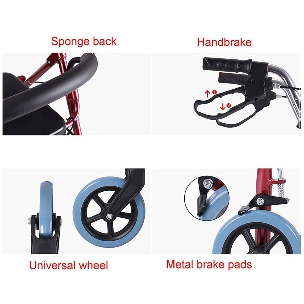 Andador Plegable con Ruedas Andador con Asiento Y Ruedas, Andador con Frenos Andador Plegable para Personas Mayores, Marco De Acero Duradero Que Soporta hasta 400 Libras, Rojo