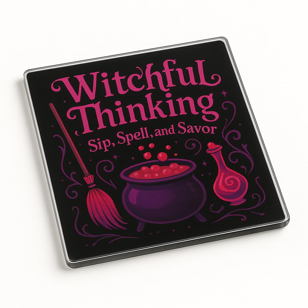 The Plum Penguin Witchful Whimsy Unique Acrylic Coaster Gift - Halloween Design With Mystical Illustrations And Elegant Font For Drink Lovers