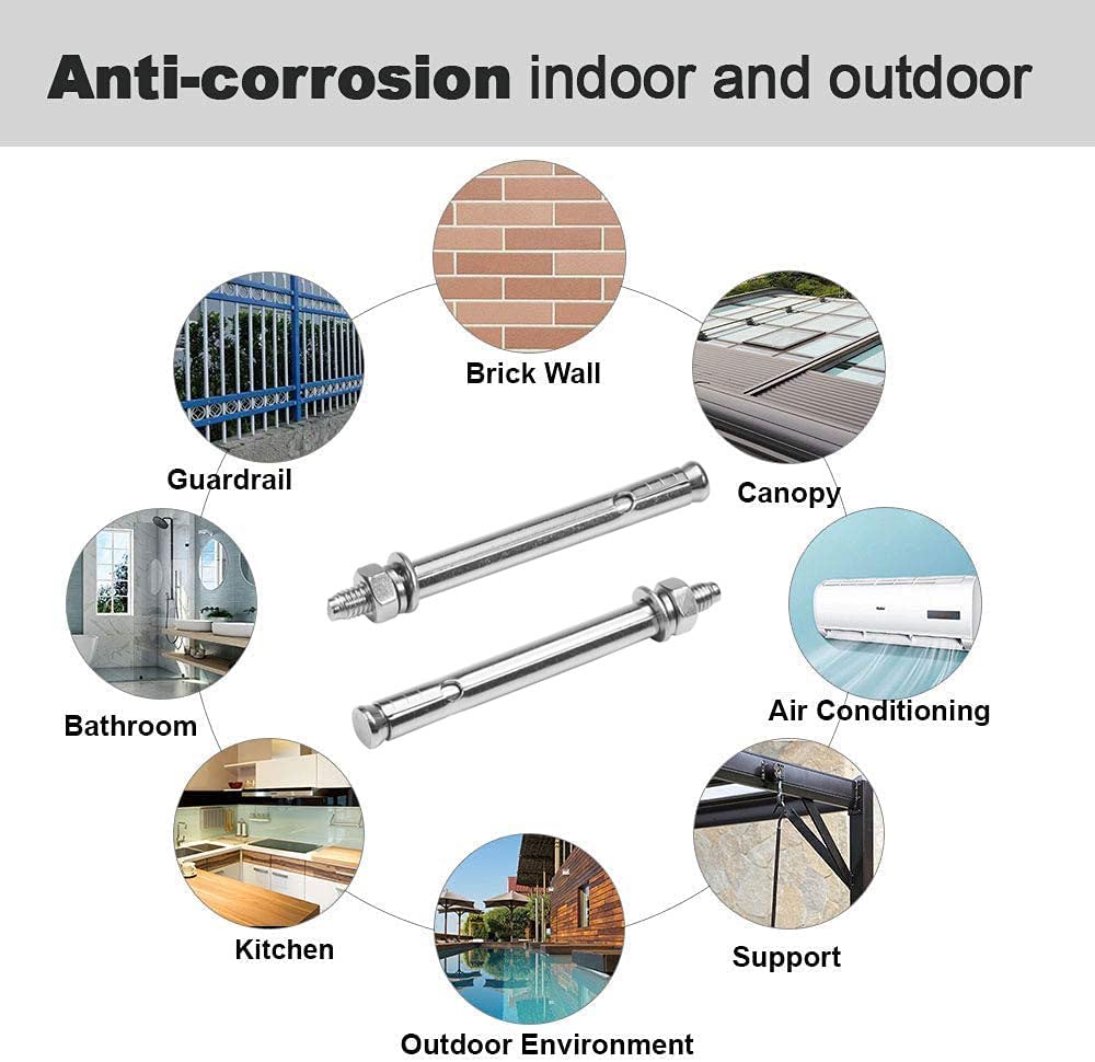 MroMax 4-Pack M8x60mm 304 Stainless Steel Expansion Bolts - Hex Nut Sleeve Anchors For Concrete, Brick, & Fence Installation