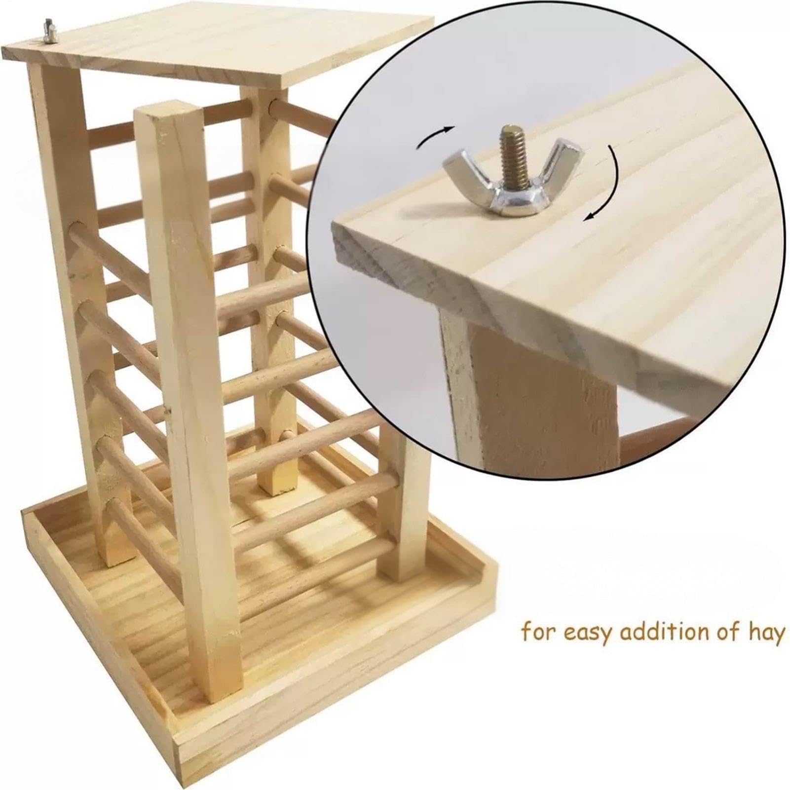 Bastidor de Heno para Conejo - Diseño de Torre | Estación de alimentación de Madera - Dispensador de conejillos de indias, Conejos | Soporte cuadrado para follación, tapa superior de madera maciza