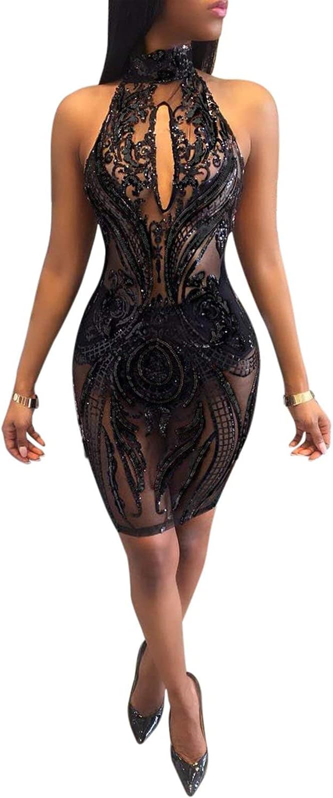 acelynWomen's Sexy Halter Backless See Through Sequins Floral Club Bodycon Mini Dress