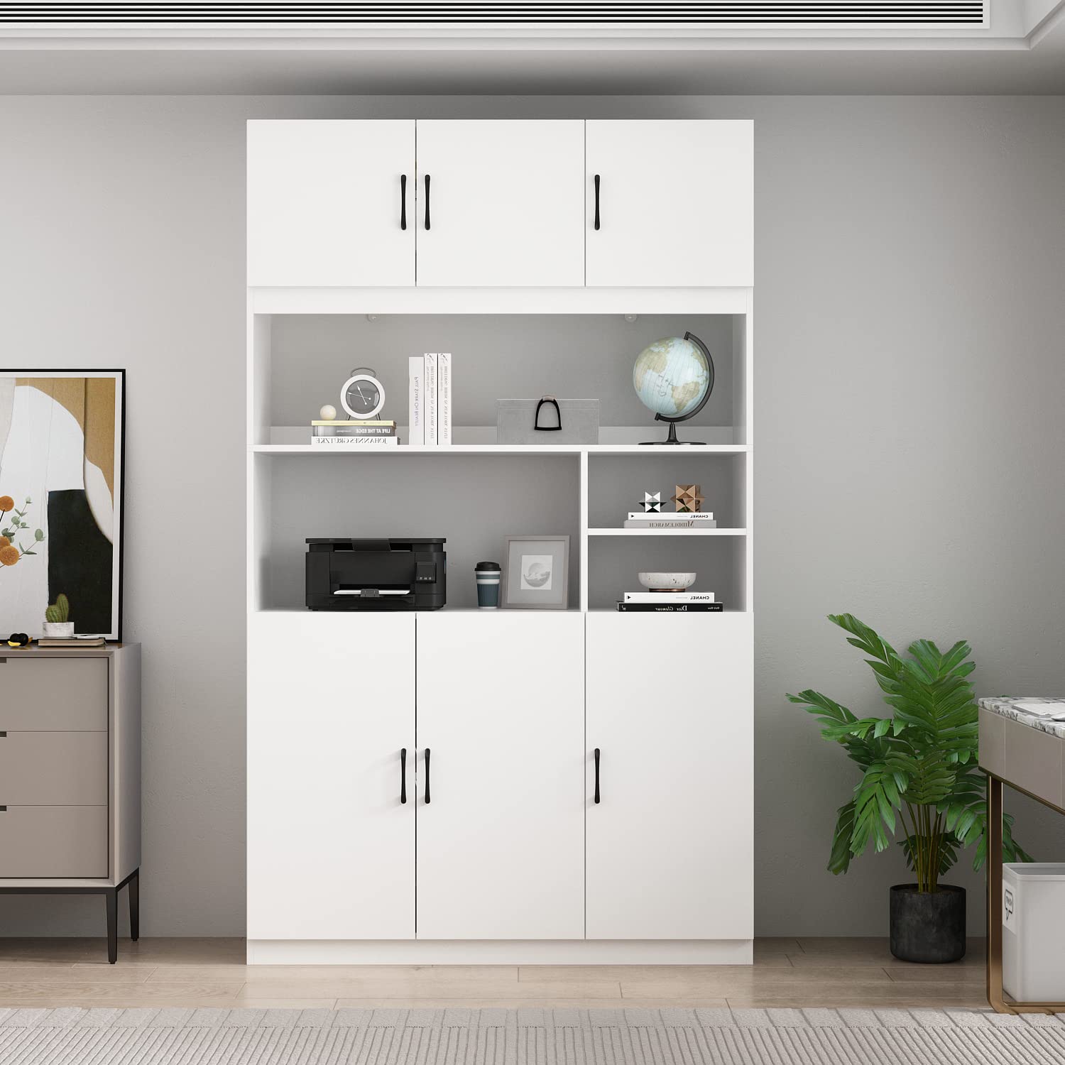 AIEGLE Large Bookshelf Set, Tall Bookcase Display Bookshelf with Open Shelves & 6 Doors, Home Office Display Storage Cabinet, White (47.2" W x 15.7" D x 70.9" H)