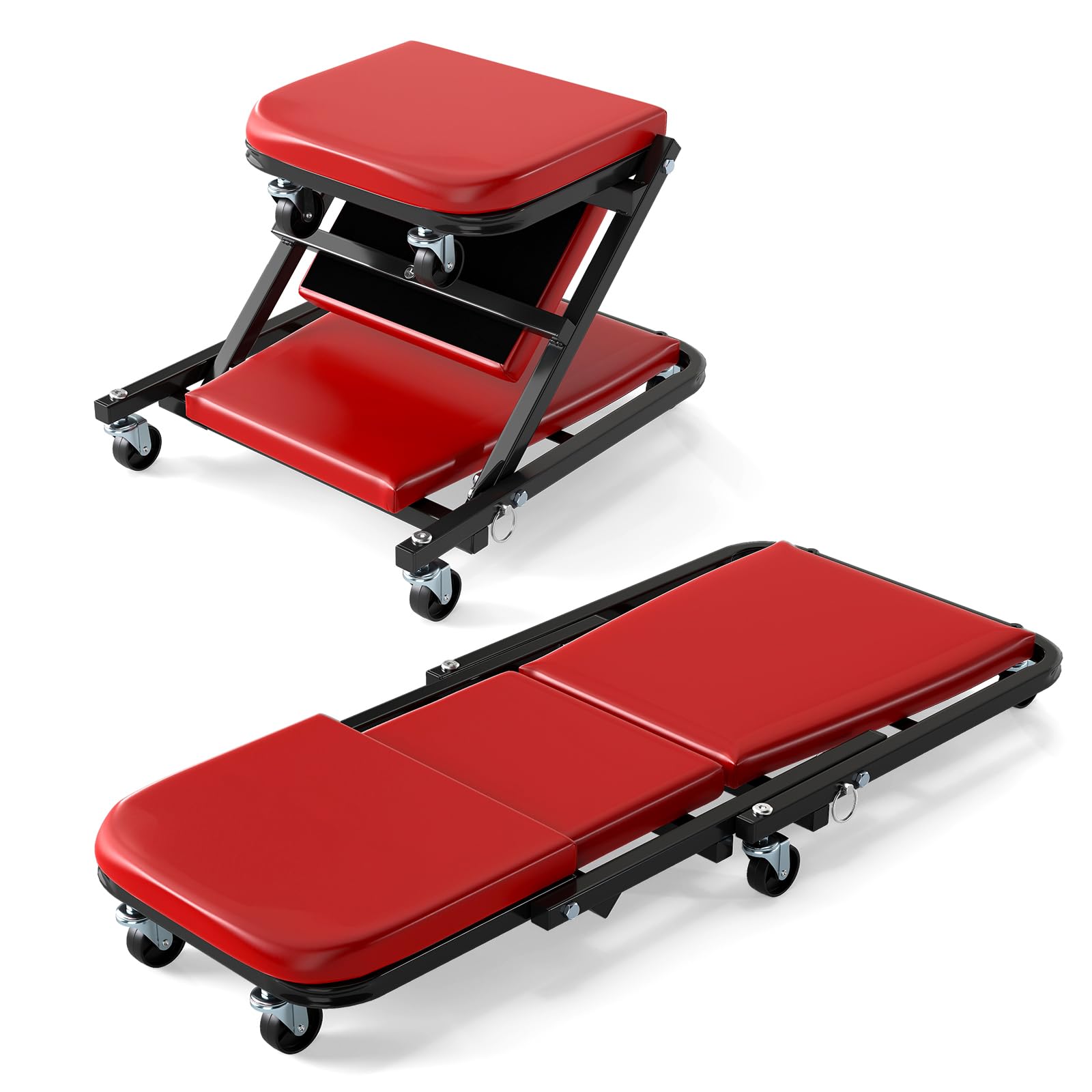 GYMAX Camilla Mecánico Taller Patín, Taburete de Taller 2 en 1 y Patín de Montaje, Camilla de Montaje con Capacidad de 150 Kg, 6 Ruedas Giratorias 360°, Asiento Rodante con Función de Cama (Rojo)