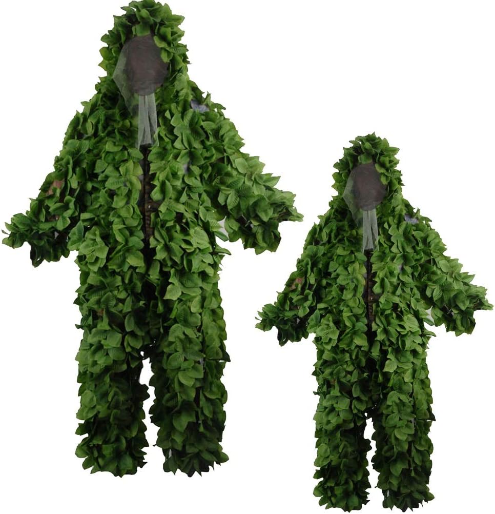 ALLIWEI Leaf Shaped Camouflage Suit, Geely Suit PUBG Sniper Pure Green Suit Field Training Camouflage Clothing Outdoor Adult 3D Leaf Stealth Ghillie Suit Military CS Forest Hunting Suit