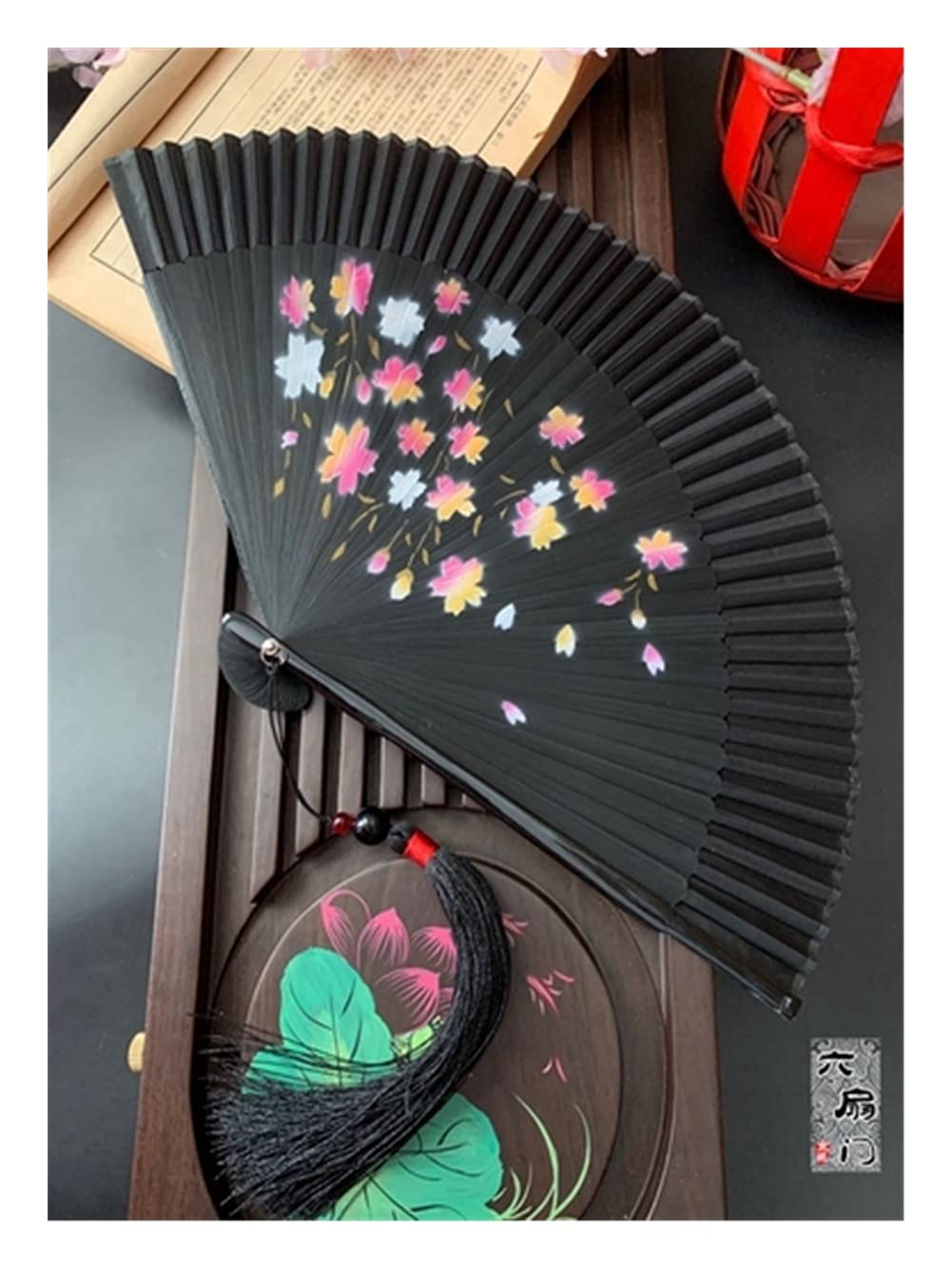NZPOST Folding fan Chinese Style Ancient Style Bamboo Handle Folding Fan Juan Cloth Female Fan Cherry Blossom Portable Jump Dance Fan fan (9# 21cm)