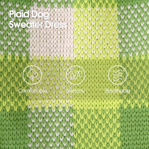 Image of Dog Sweater Dress Plaid Knitwear for Small Medium Dogs Warm Puppy Pet Turtleneck Stretch Pullover Cute Fall Winter Vest Clothes with Leash Hole for Christmas (Green, L)