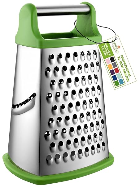 Spring Chef Professional Box Grater, Stainless Steel with 4 Sides, Best for Parmesan Cheese, Vegetables, Ginger, XL Size, Green