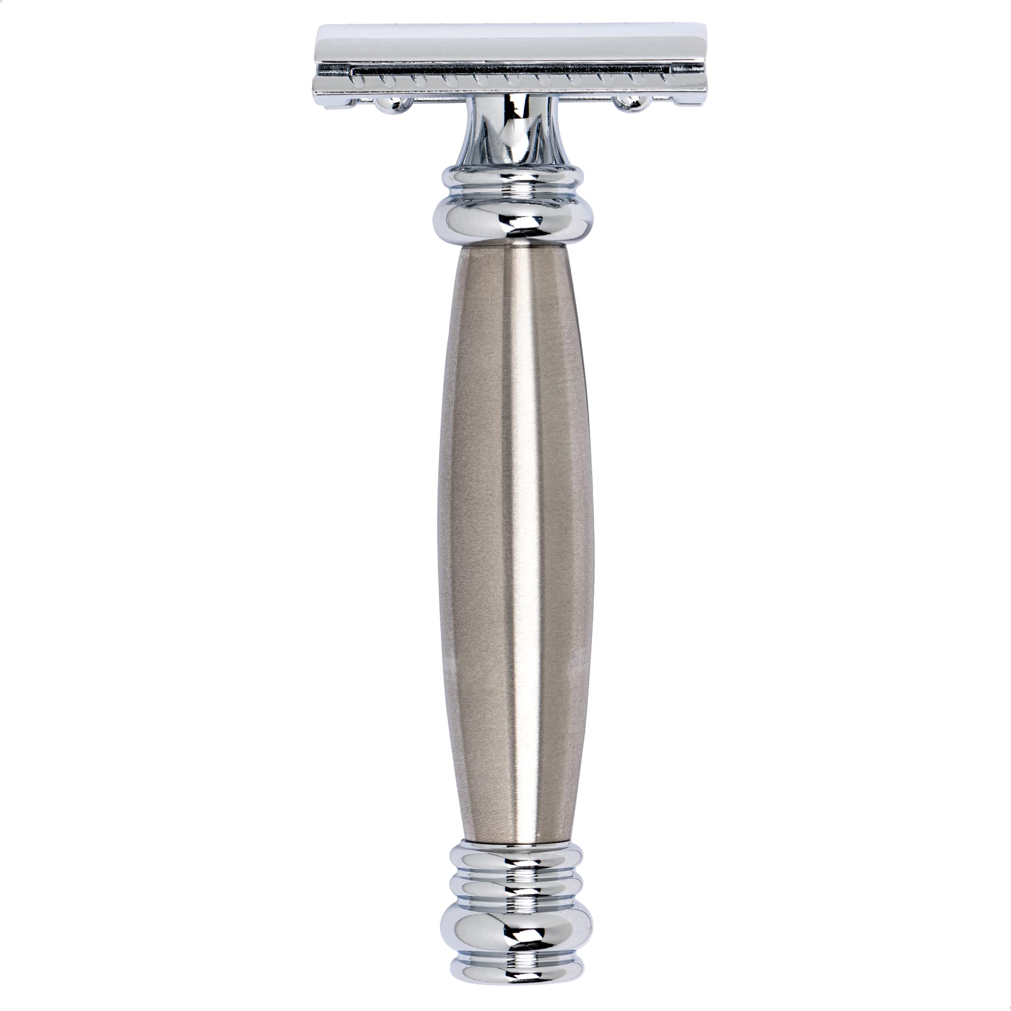 MERKUR Rasierhobel 43C | Edelstahl und Glanzchrom | Zweiteiliger Rasierer mit geradem Schnitt | Geschlossener Kamm | Ideal für Nassrasur | Zinkdruckguss | Messing Griffstück | Made in Germany