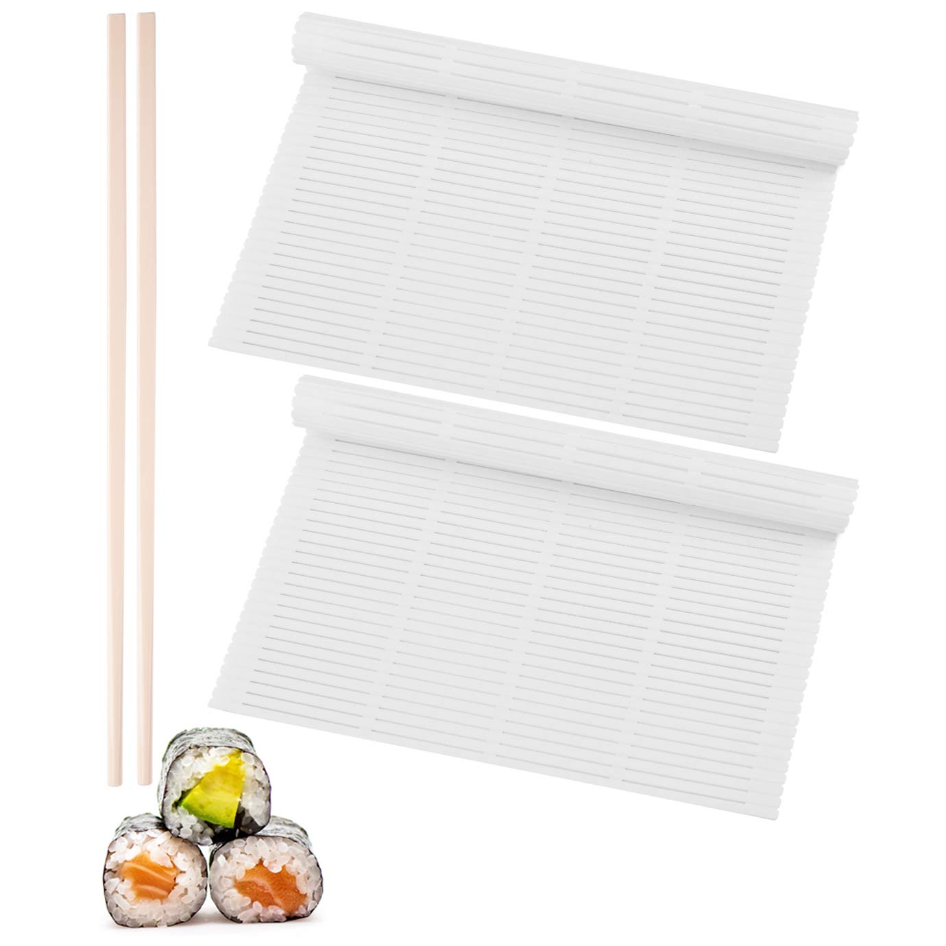 KONUNUS 2 Pieces Kitchen Sushi Rolling Mat Premium Plastic Nonstick Sushi Making Kit with 1Pairs Chopsticks Japanese Sushi Rolling Maker Homemade DIY Sushi Plate Mat Gift White