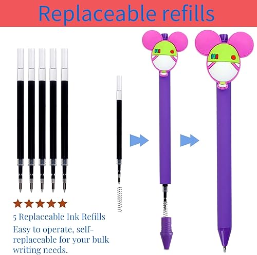 Miniatura 4 de HL Hope&Luck 5 bolígrafos de orejas de personaje con cabeza de ratón, bolígrafo para adultos y niños, bolígrafos retráctiles de dibujos animados