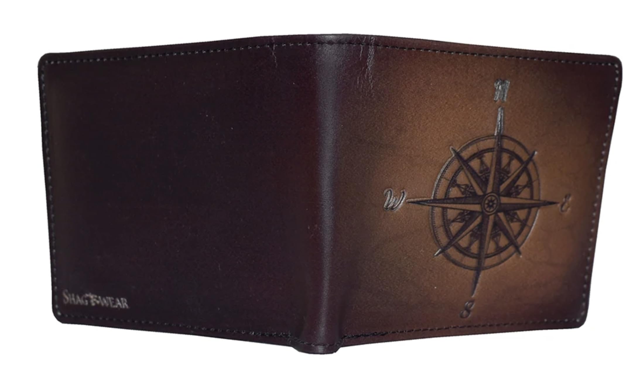 Shag Wear Compass Men’s Wallet Vegan Faux Leather Navigation Design Bifold with Card Slots and Billfold Brown