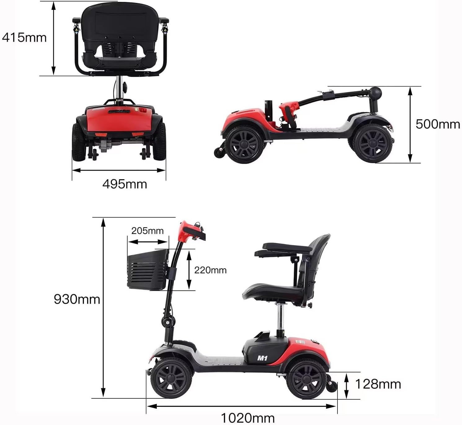 Detailed dimensions of the mobility scooter