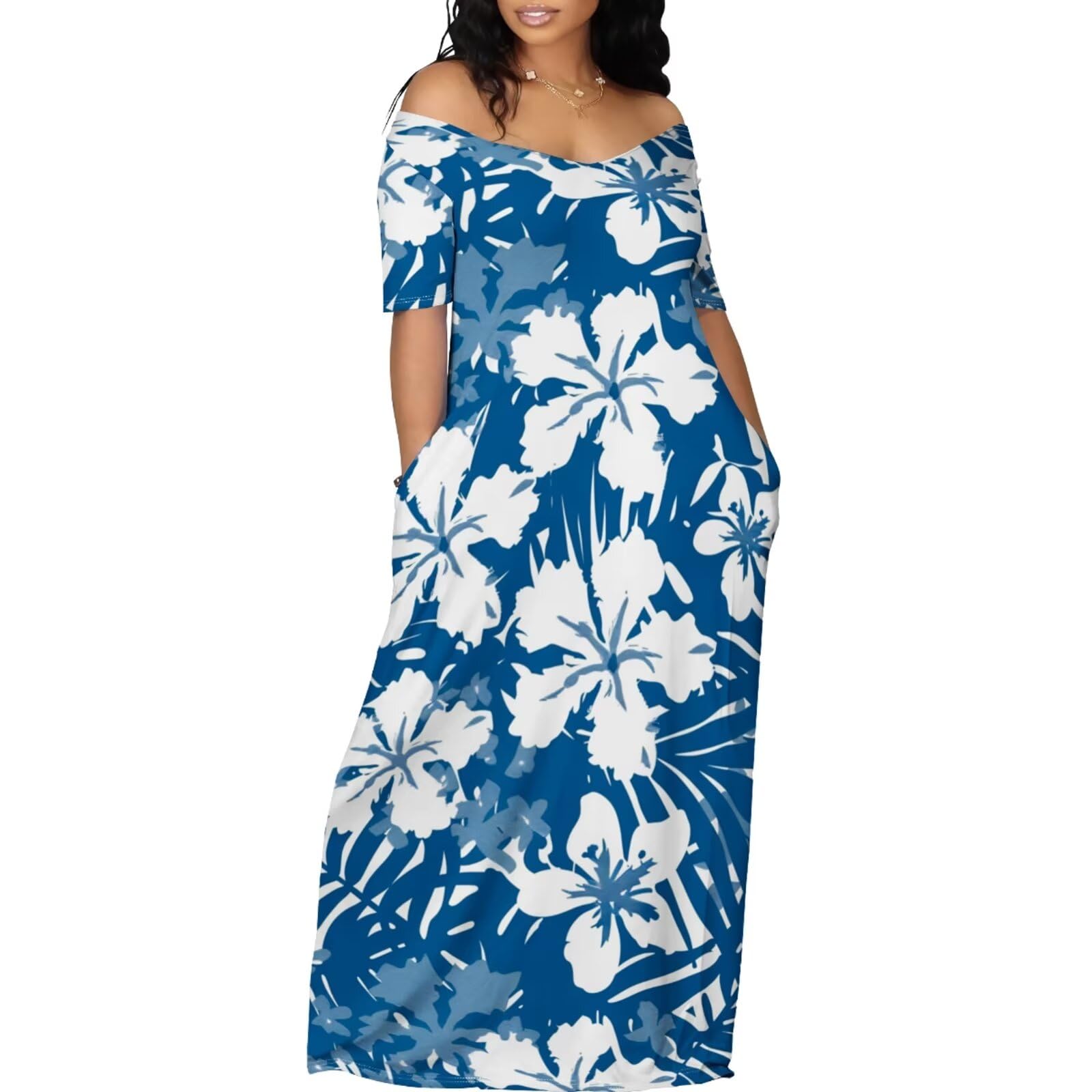 Maxi dress for Women Casual Hawaiian Floral Off Shoulder Short Sleeve Flowy Beach Loose Plus Size Summer Dresses