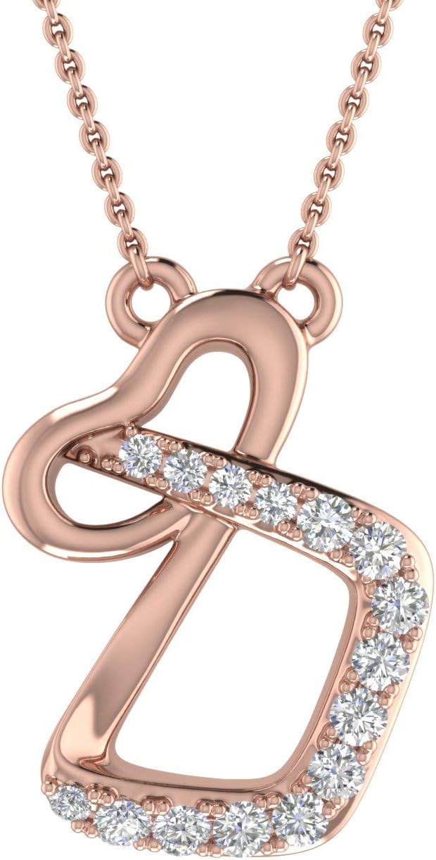 FINEROCK Diamond Initial Letter Pendant Necklace in 14K Rose Gold (with Silver Chain) Diamond