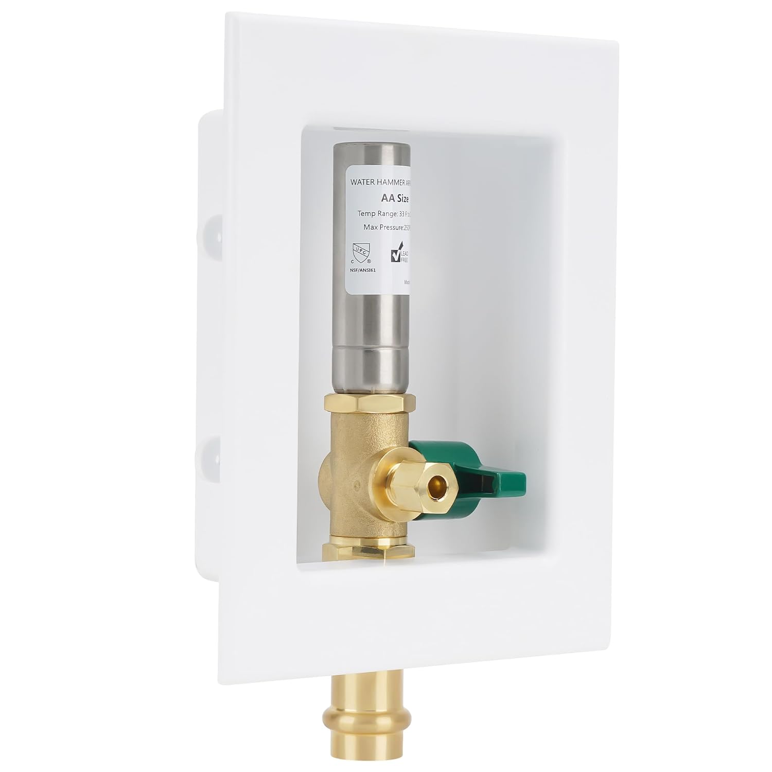 Ice Maker Outlet Box with Water Hammer Arrestor, 1/2-Inch Press x 1/4-Inch OD Compression with 1/4-Turn Ball Valve, Absorb Shock and Reduce Noise（Press tool required）