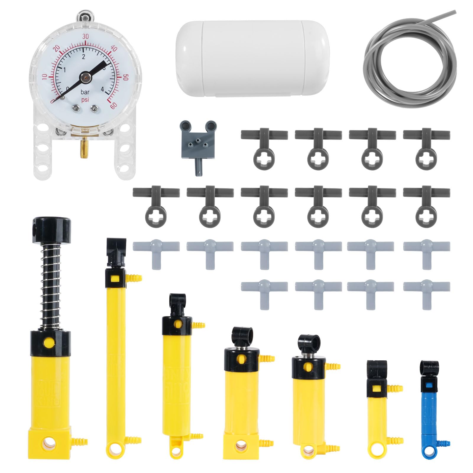 31-Teiliges Pneumatik-Set,QIQIAZI Pneumatik Zylinder & Hydraulik Ersatzteile Set mit Luftpumpe, Luftdruckmesser, Gastank, Schlauch und Schalter, Kompatibel mit Große Marke Technik-Motoren-Set