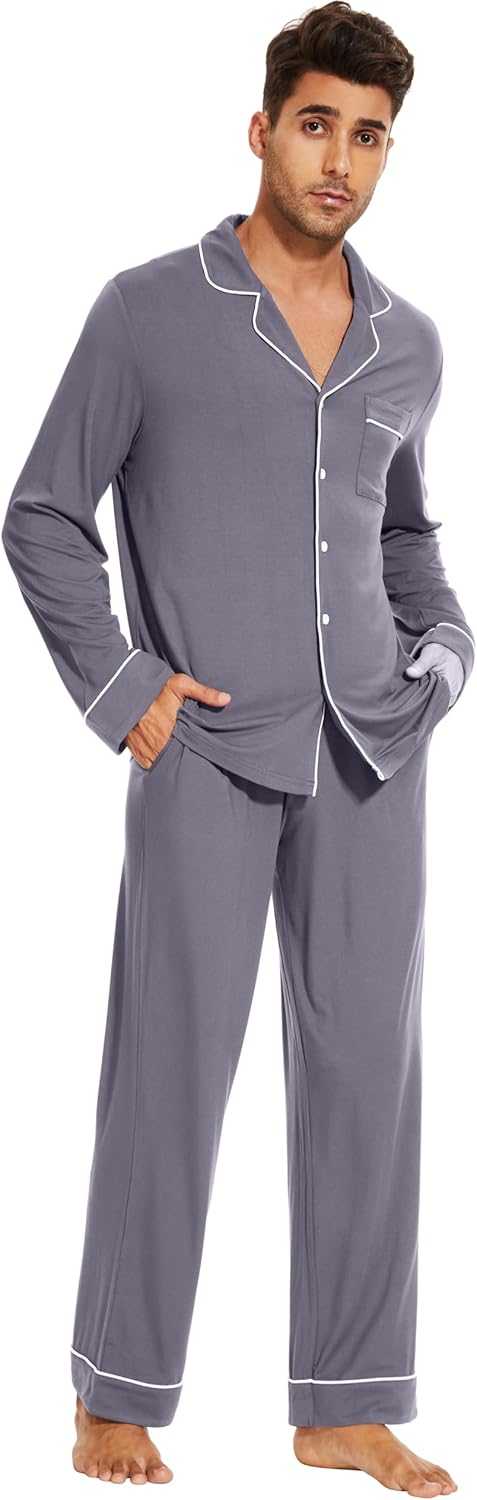 WiWi Men's Pajama Set Soft Sleepwear Button Down Pajamas Sets Classic Notch Collar Loungewear Viscose from Bamboo Pjs S-XXL - Image 4