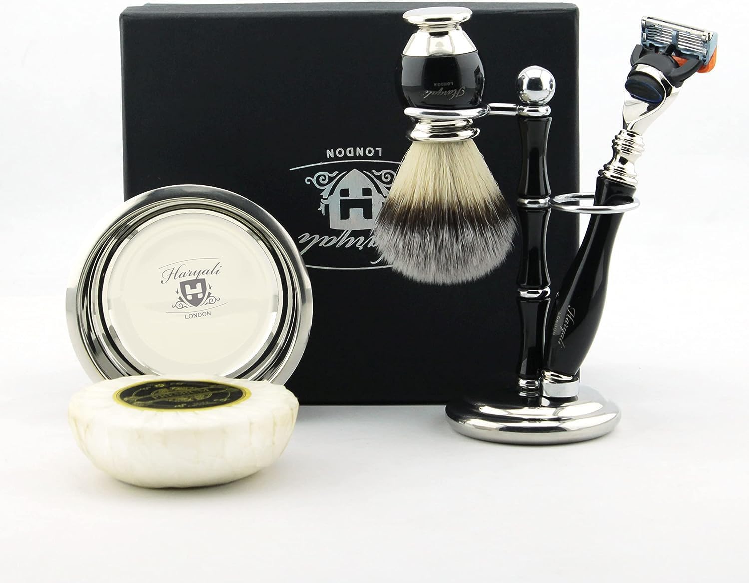 Haryali London, Kit da barba da 5 pezzi – Set da barba da uomo con rasoio a 5 lame, pennello da barba in pelo di tasso sintetico, ciotola da barba, supporto doppio per rasoio e sapone da barba