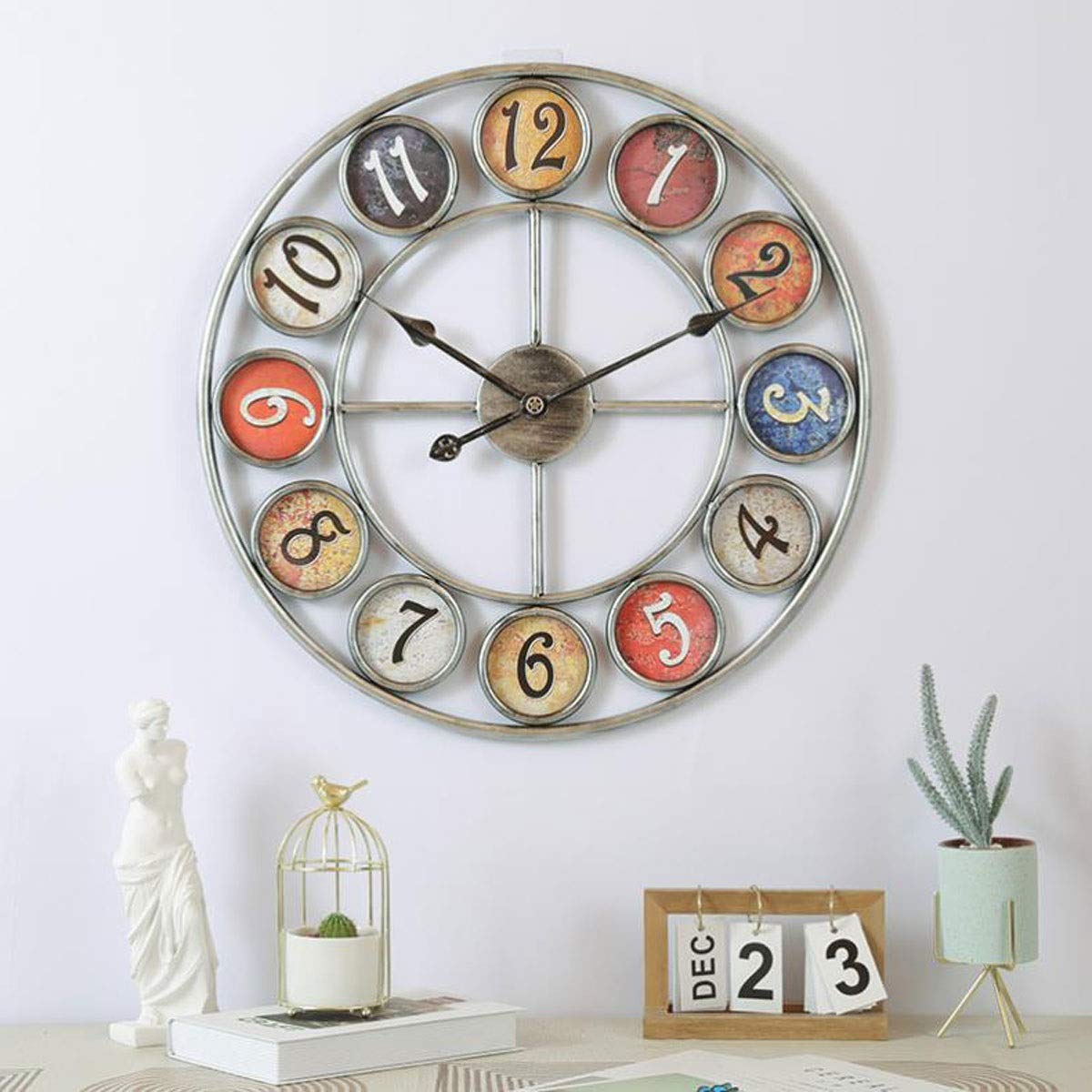 KRXSOBNV wall clock, Wall Clock 24 Inch Retro Pastoral Wrought Iron Metal Mute Large Number Decorative(Silver)