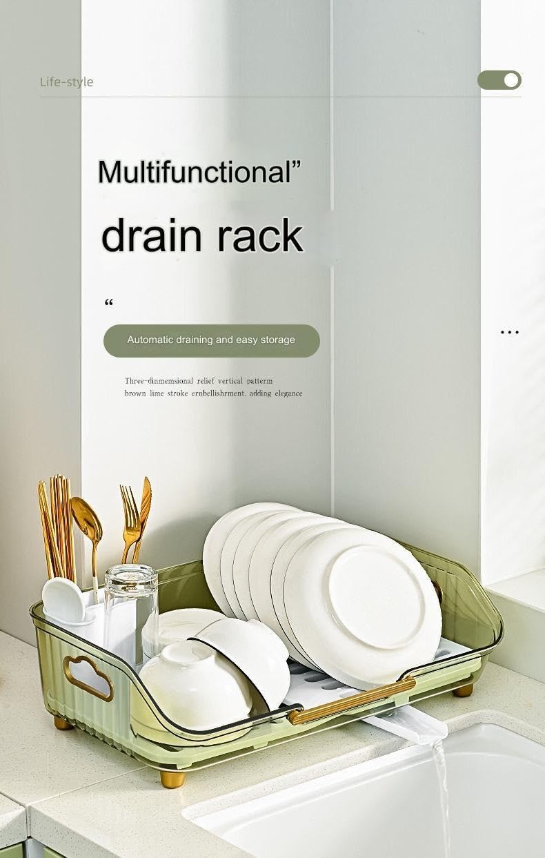 Dish Drying Rack Rotatable Drain Spout, Utensil Holder, Large Dish Drying Rack Dish Rack with Drainboard, Chopstick Holder Multifunctional Dish Rack for Kitchen Counter,(Coffee Color)