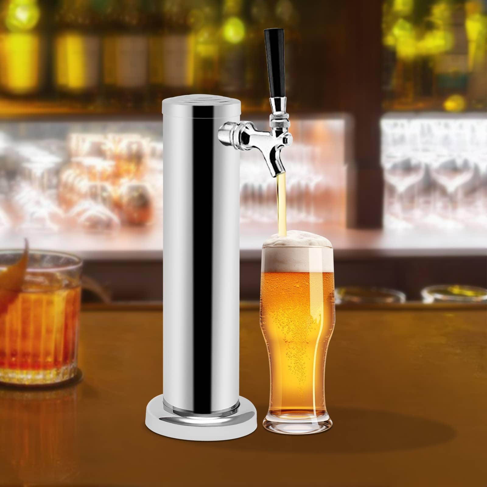 Dispensador de cerveza de acero inoxidable con grifo, columna de cerveza, dispensador de bebidas para fiestas, bares, restaurantes (plata)