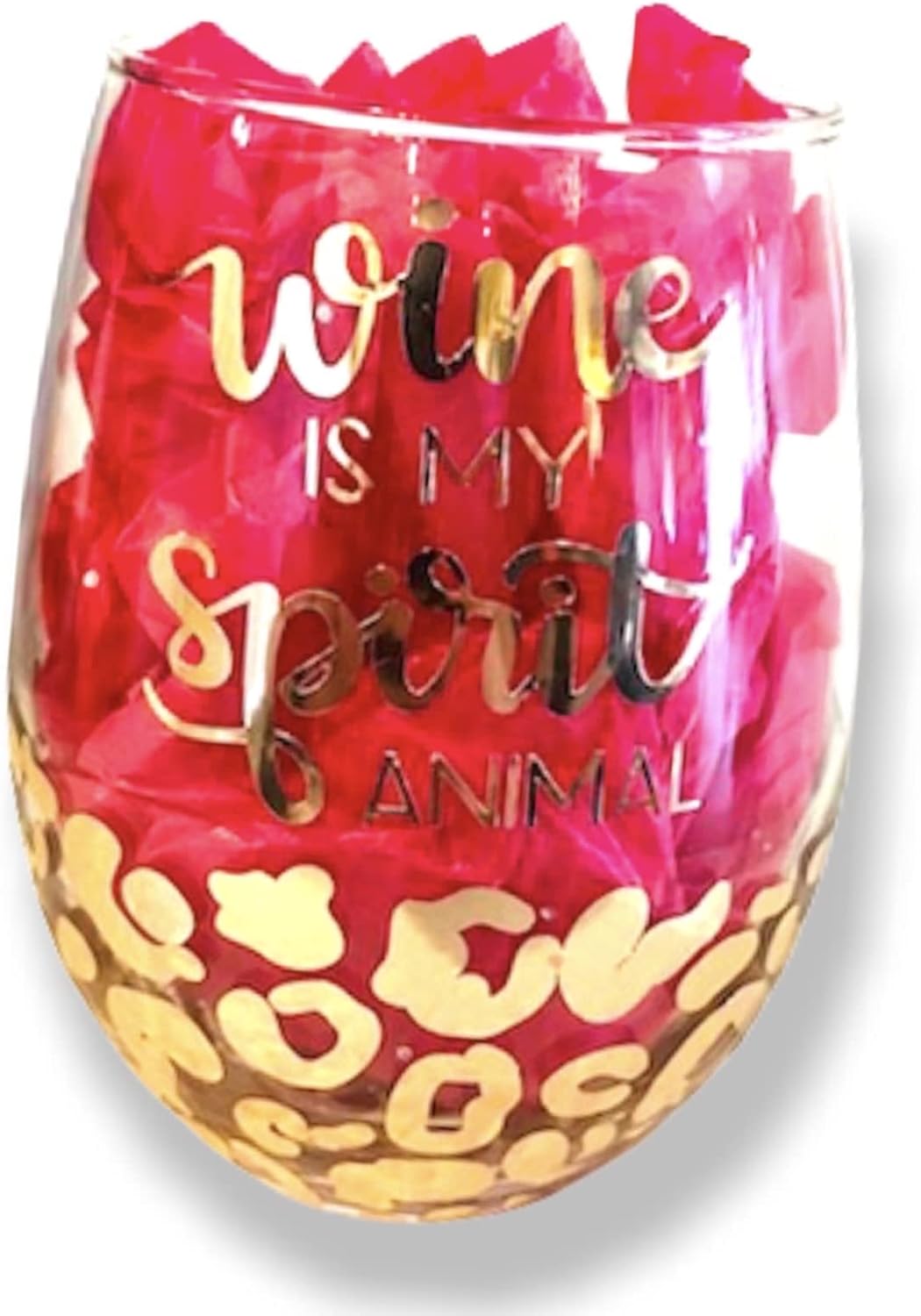 Wine Glass Gift Leopard Print | Wine is My Spirit Animal | Elegant Gold Decorated Cheetah | Clear Stemless 20oz