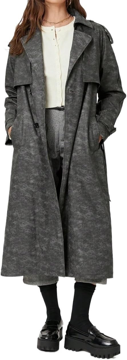 Womens Fashion Trench Outwear Brown Pu Double Breasted Belted Trench Coat Jacket Coat