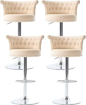 Velvet Bar Stools Set of 4, Adjustable Swivel Bar Chairs with Tufted Backrest and Silver Metal Legs, Modern Counter Height Bar Stools for Kitchen Island & Home Bar Beige, Set of 4