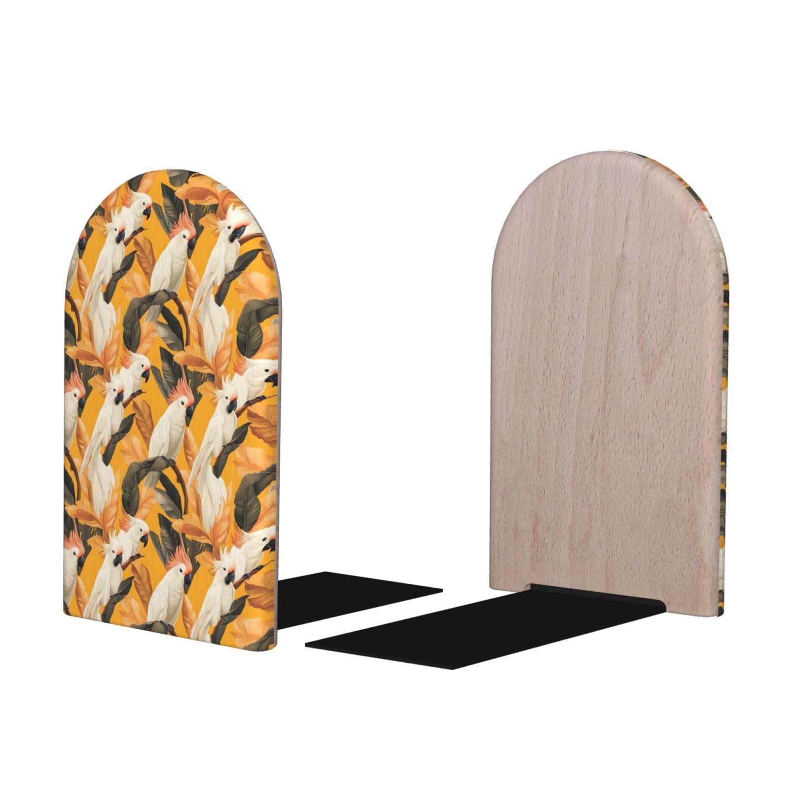 Tropical White Parrot Print BookEnds 1 Pair, Decorative Bookends for Heavy Books, Wood Book Ends for Shelves, Book Organizer for Home Desk Office Supplies