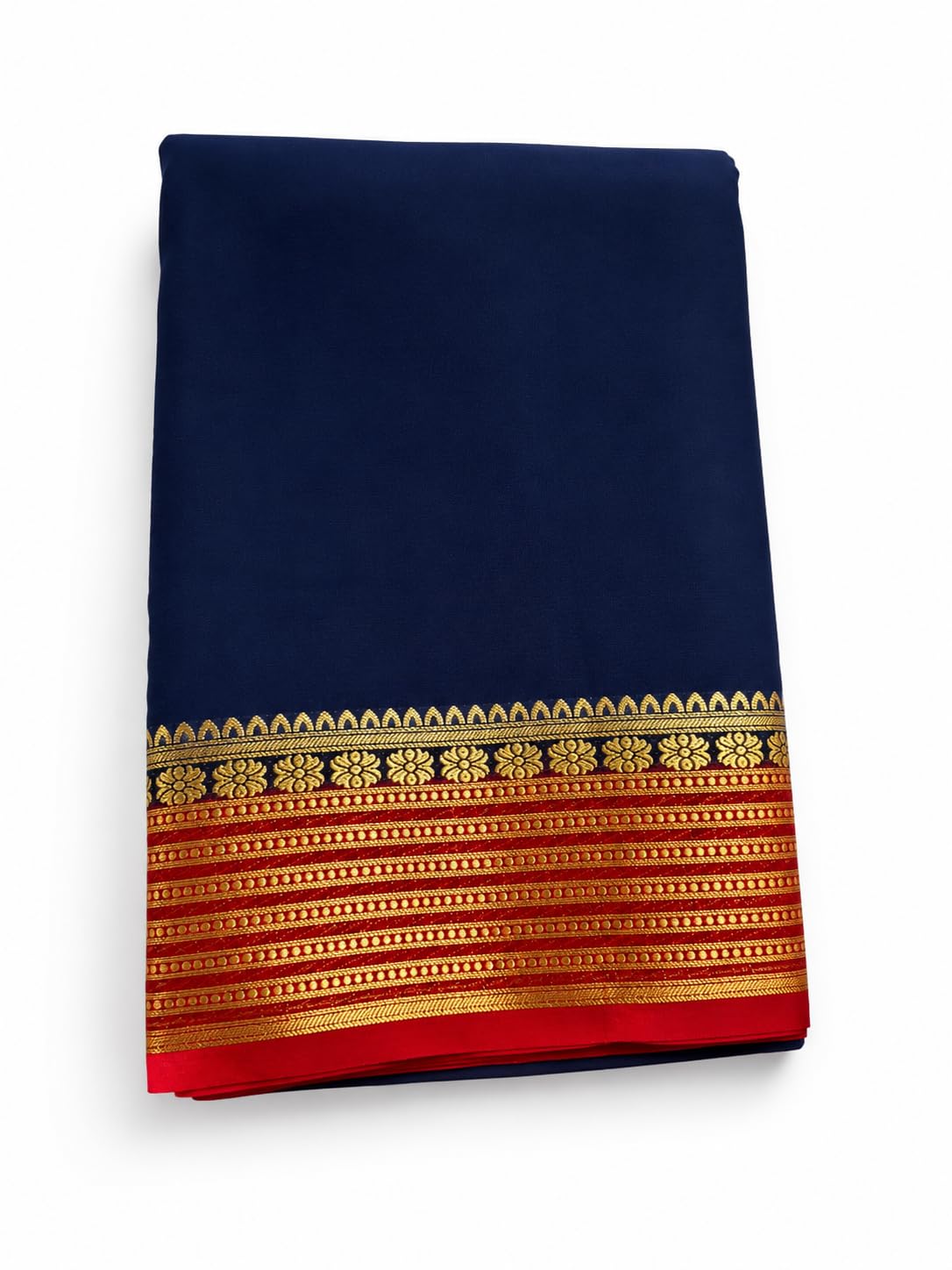 Jayeskay Semi Crepe Mysore Silk Imitation Saree Navy Blue with Red pallu and border with blouse piece.-picture-53