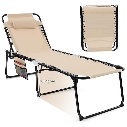 GYMAX Lounge Chairs for Outside, Extra High Folding Beach Tanning Lounger with 4-Level Adjustable Backrest, 2-Level Footrest & Removable Pillow, Sunbathing Lounge for Patio, Lawn, Poolside (1, Grey)