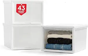 IRIS USA 42 Qt. Plastic Drawer Storage Organizer Stacking Drawers, 3-Pack, Stackable Unit with Flip-Up Door for Clothes Bedroom Kitchen Under Sink Pantry Craft Room Bathroom Dorm Office, White