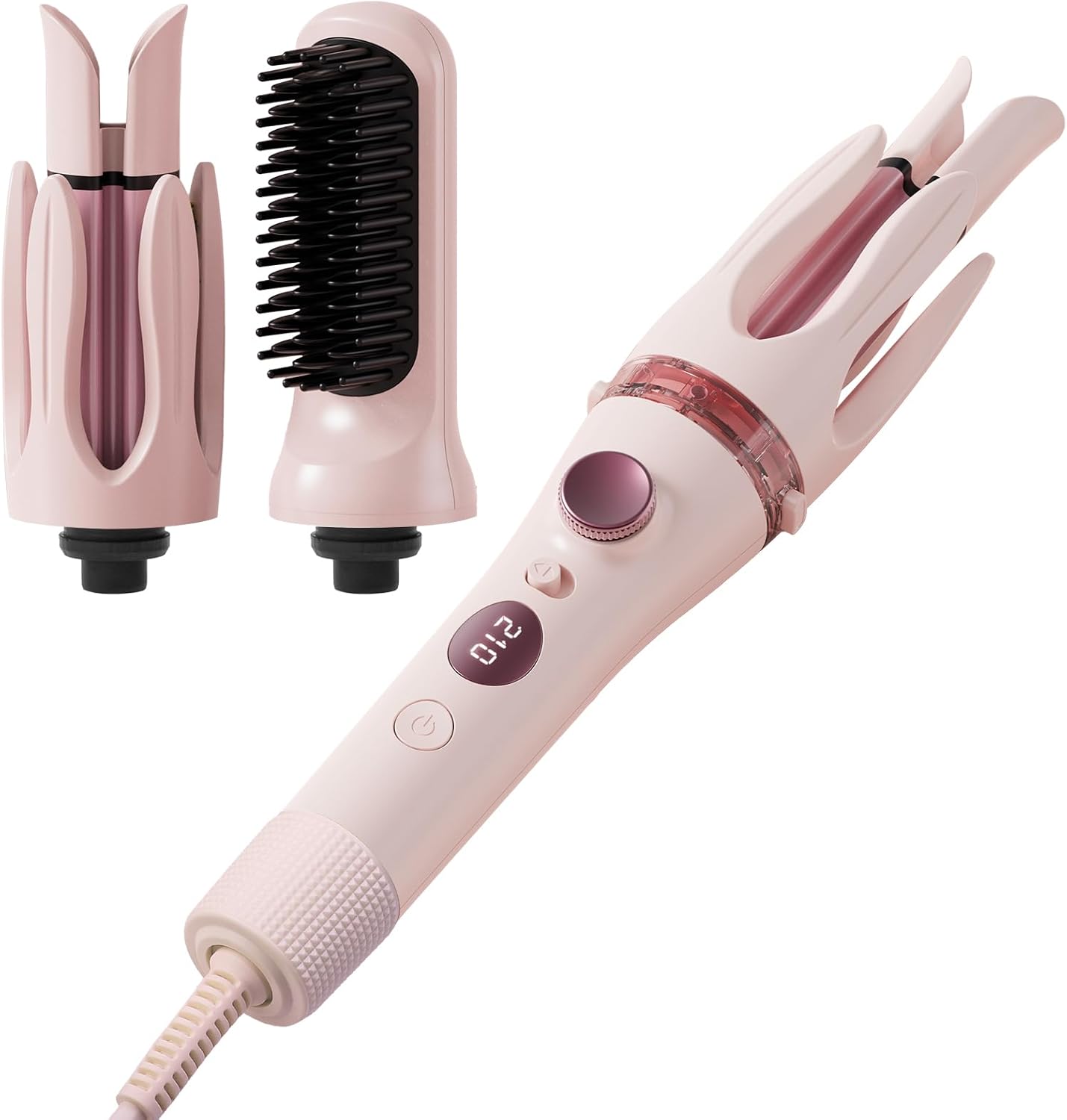 LtYioe 3-in-1 Automatic Curling Wand, 1.1/1.25 Inch Curls & Straightener, 2-Way Rotation/Slot Anti-Tangle, Ceramic Coating, 4 Temp Settings, LCD Display, Auto Shut-Off, Thickened Anti-Scald, Pink.