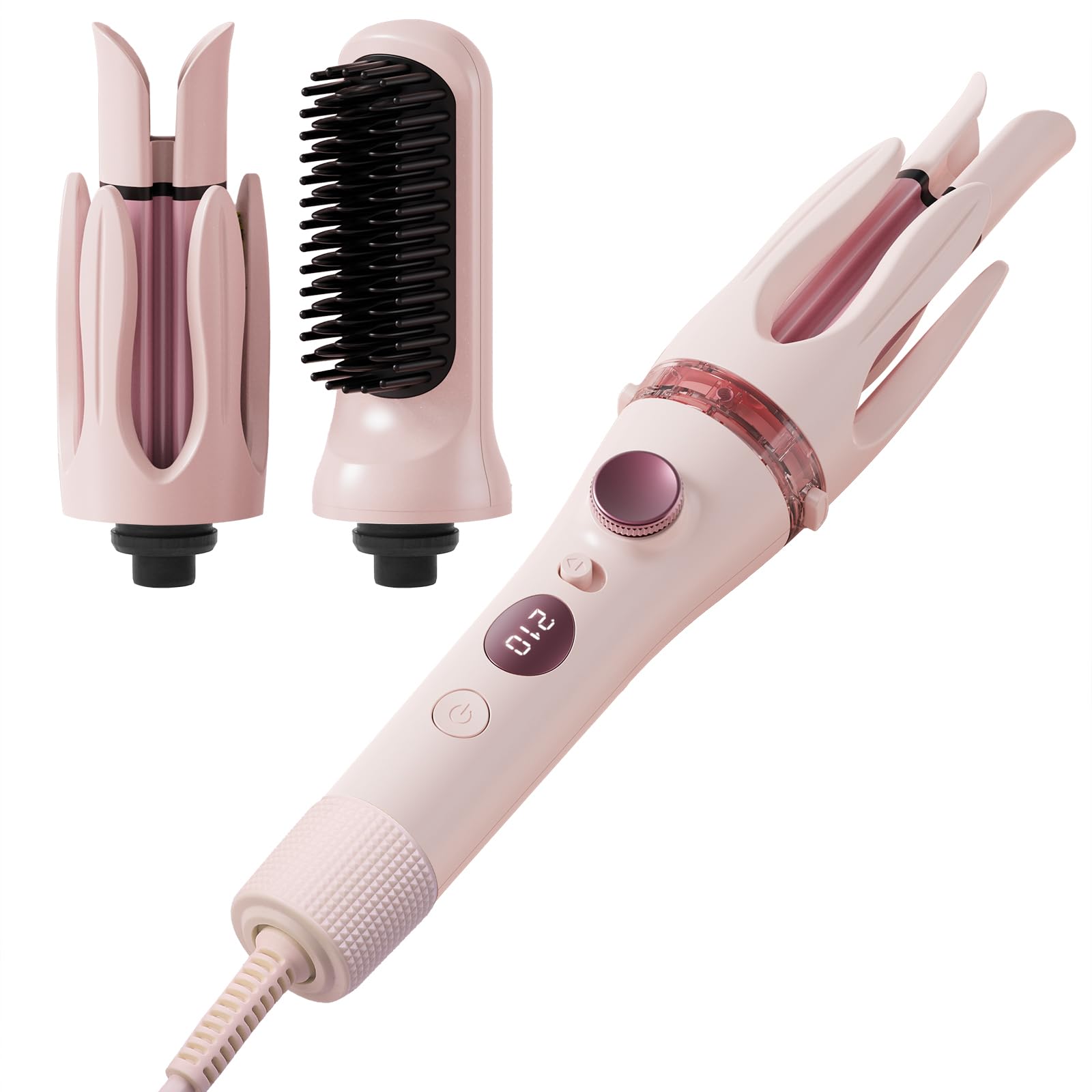 LtYioe 3-in-1 Automatic Curling Wand, 1.1/1.25 Inch Curls & Straightener, 2-Way Rotation/Slot Anti-Tangle, Ceramic Coating, 4 Temp Settings, LCD Display, Auto Shut-Off, Thickened Anti-Scald, Pink.