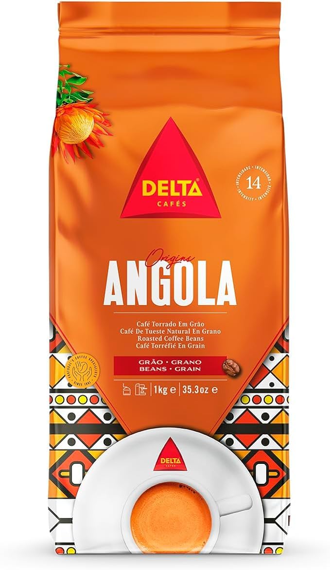 Delta Cafés Angola Caffè in Grani 1kg – Miscela Arabica & Robusta a Tostatura Naturale, Intensità 14, Chicchi Espresso Forti e Corposi