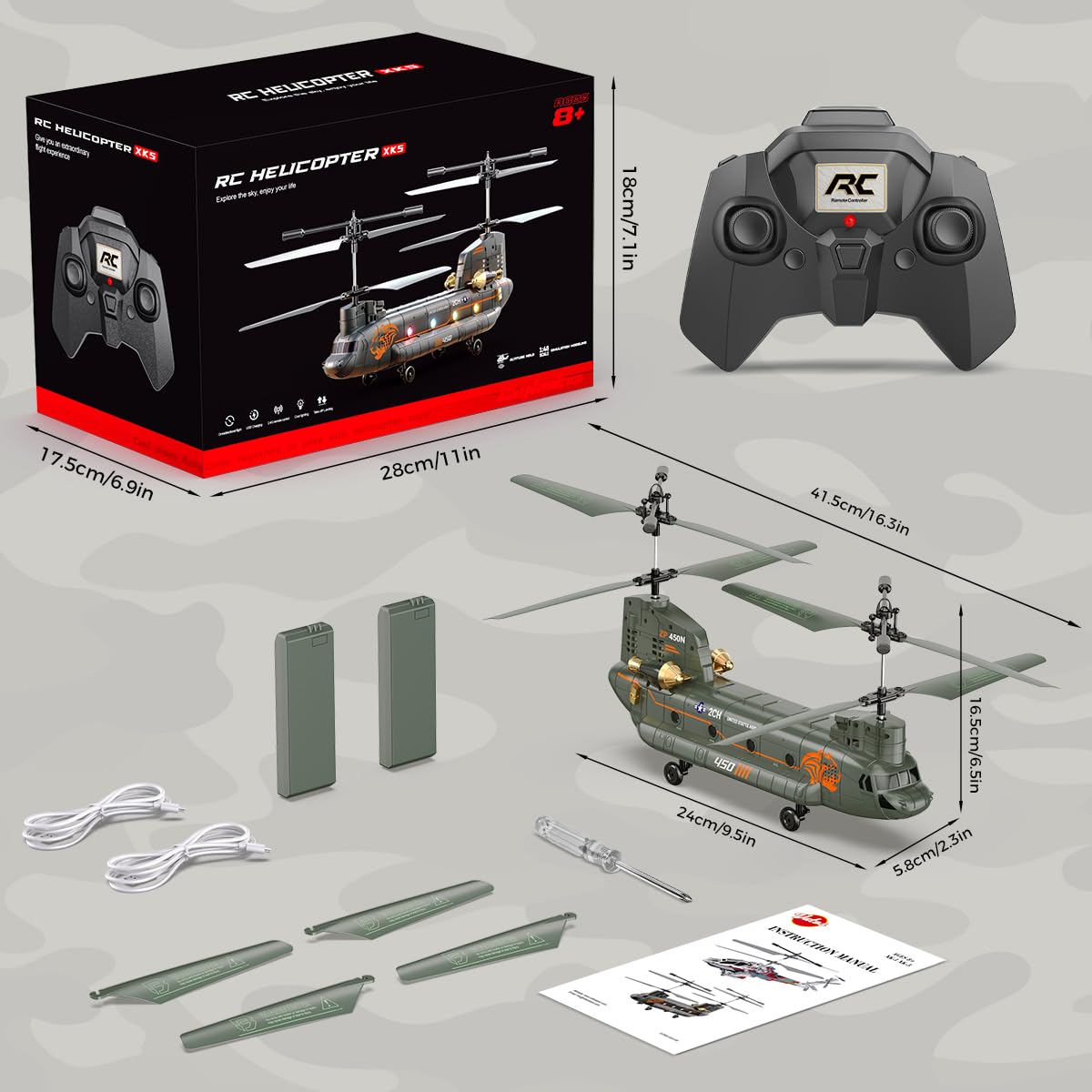 VATOS Hélicoptère radiocommandé 2,4 GHz Transport Militaire avec Maintien de l'altitude, démarrage/atterrissage à Un Bouton, lumière LED